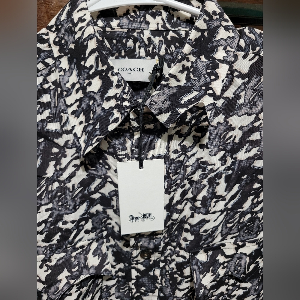 NWT Men's Coach Long Sleeve Button Down Shirt Static Print Black & White Size M